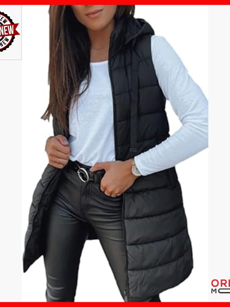 Long Hooded Puffer Vest Sleeveless Lightweight Winter Outerwear